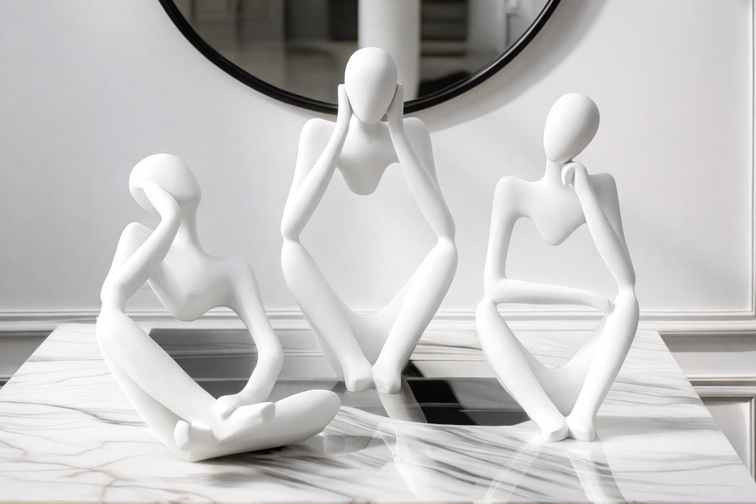 Set of 3 White Abstract Figurines – Modern Minimalist Sculpture, Meditation Art, Boho Shelf Decor