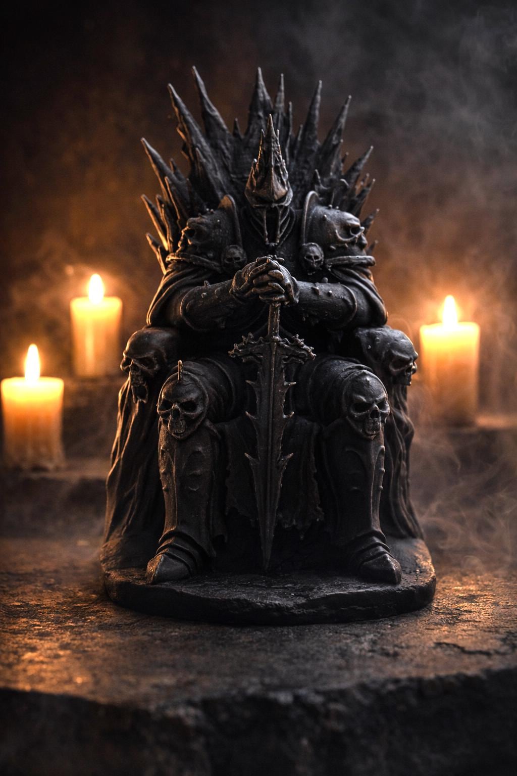 Black Lich King Statue, Dark Fantasy Skull Throne Figure, Game Collectible Decor