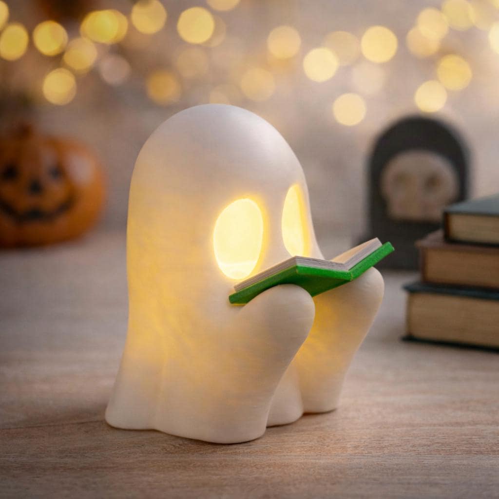 Ghost Tealight Holder, Reading Ghost Lamp, Cozy Halloween Decor, Book Lover Gift