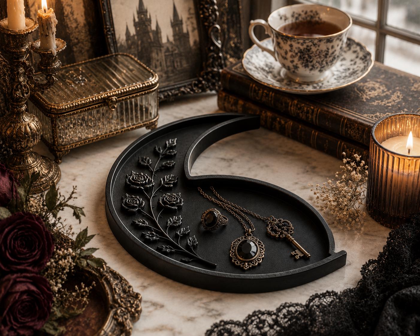 Gothic Crescent Moon Tray, Victorian Jewelry Dish, Raven Altar Organizer