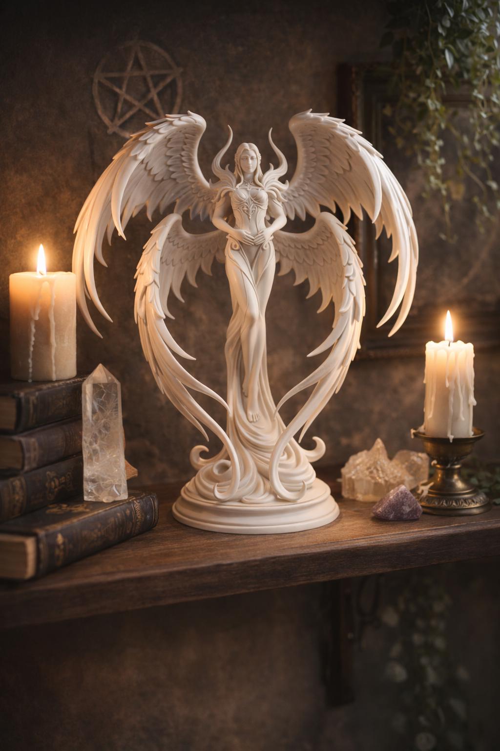 White Angel Statue, Seraphim Sculpture, Gothic Celestial Figurine