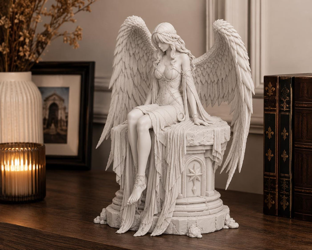 Dark Guardian Angel Statue, Gothic Fantasy Shelf Decor, White Angel Figurine