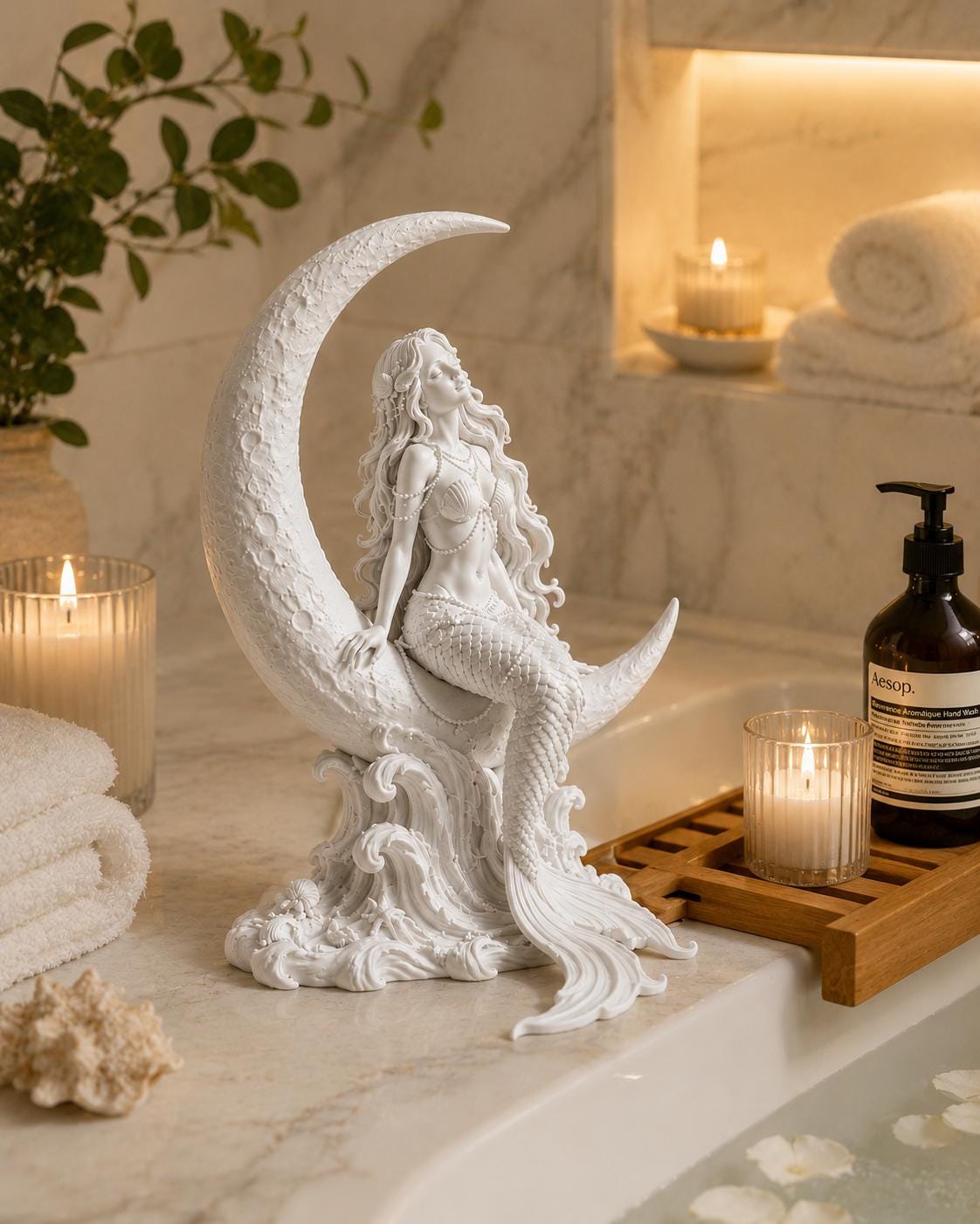 White Mermaid Statue, Coastal Beach House Decor, Ocean Inspired Figurine, Feminine Spa Home