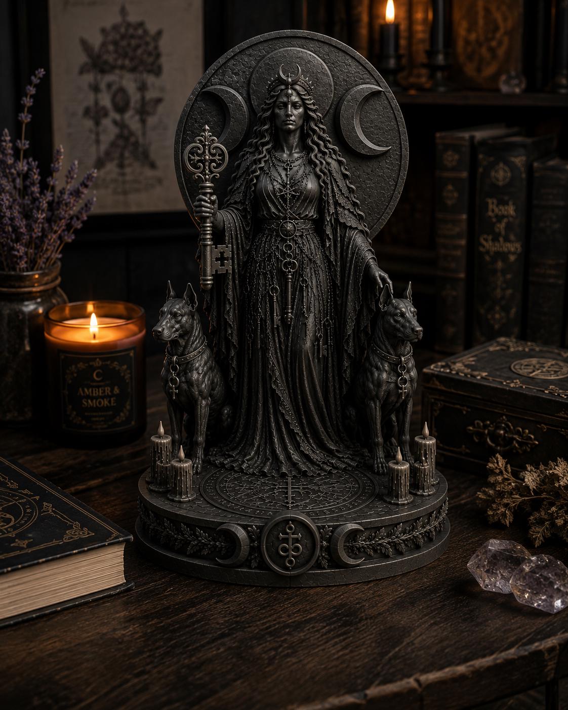 Hecate Triple Moon Statue, Gothic Witch Altar Decor, Dark Feminine Pagan Shelf Accent