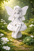 Garden Fairy Sitting on a Mushroom, Mossy Base,Garden Decor, Cottagecore Figurine