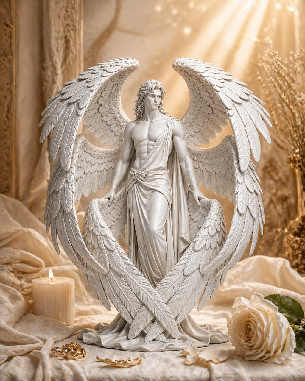 Guardian Angel Sculpture – White Male Winged Figurine, Celestial Home Decor