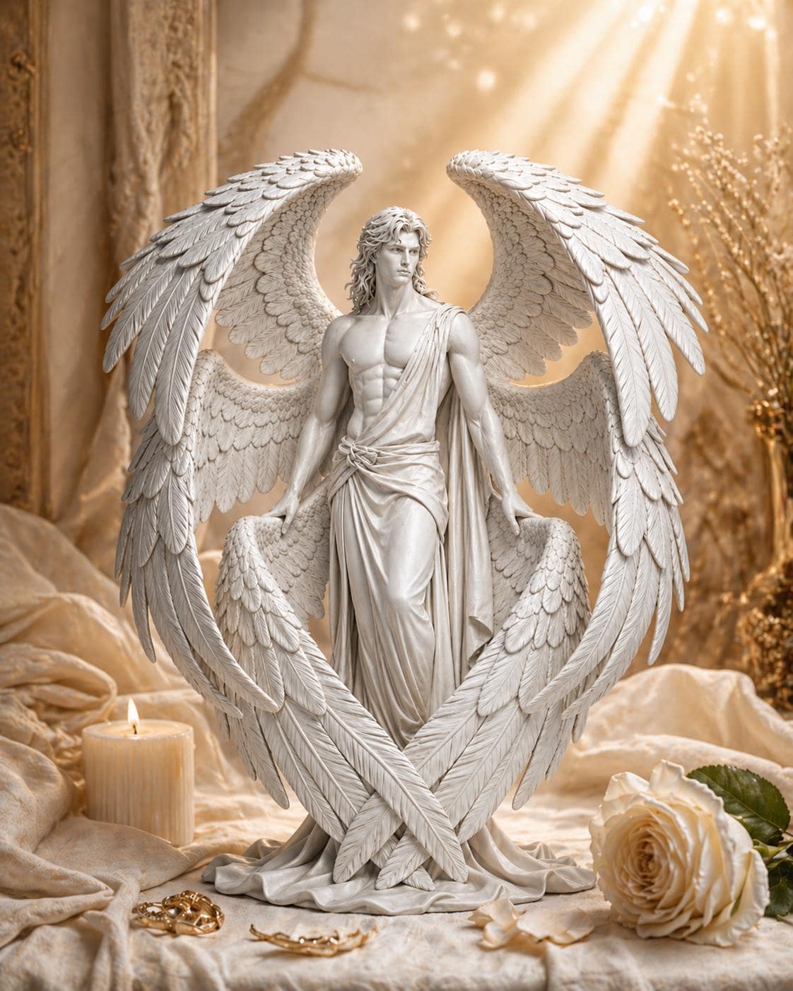 Guardian Angel Sculpture – White Male Winged Figurine, Celestial Home Decor