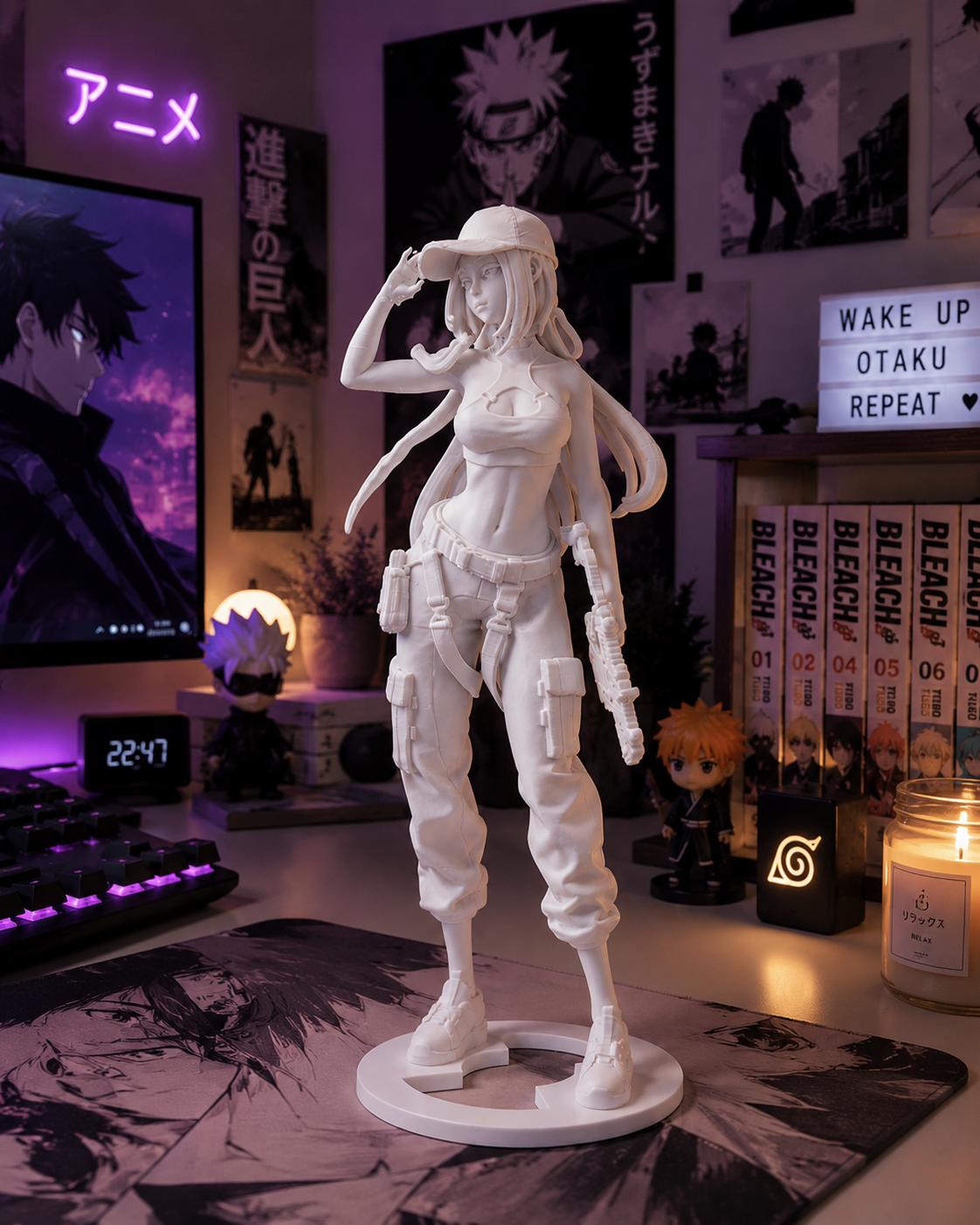 Anime Girl Figurine, 3D Printed Minimalist Sculpture, Otaku Gamer Desk Decor