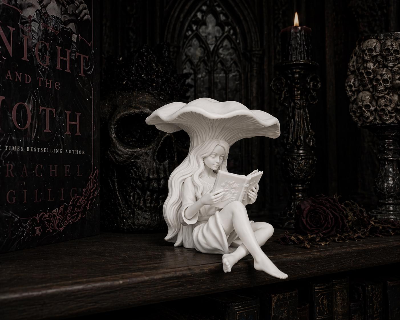 Fairy Reading Figurine, Mushroom Decor Statue, Gothic Book Nook