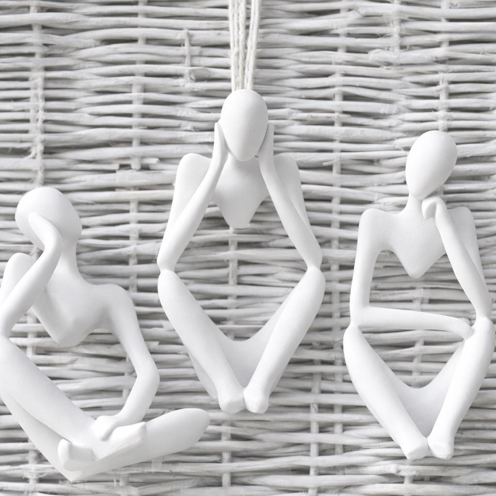 Set of 3 White Abstract Figurines – Modern Minimalist Sculpture, Meditation Art, Boho Shelf Decor