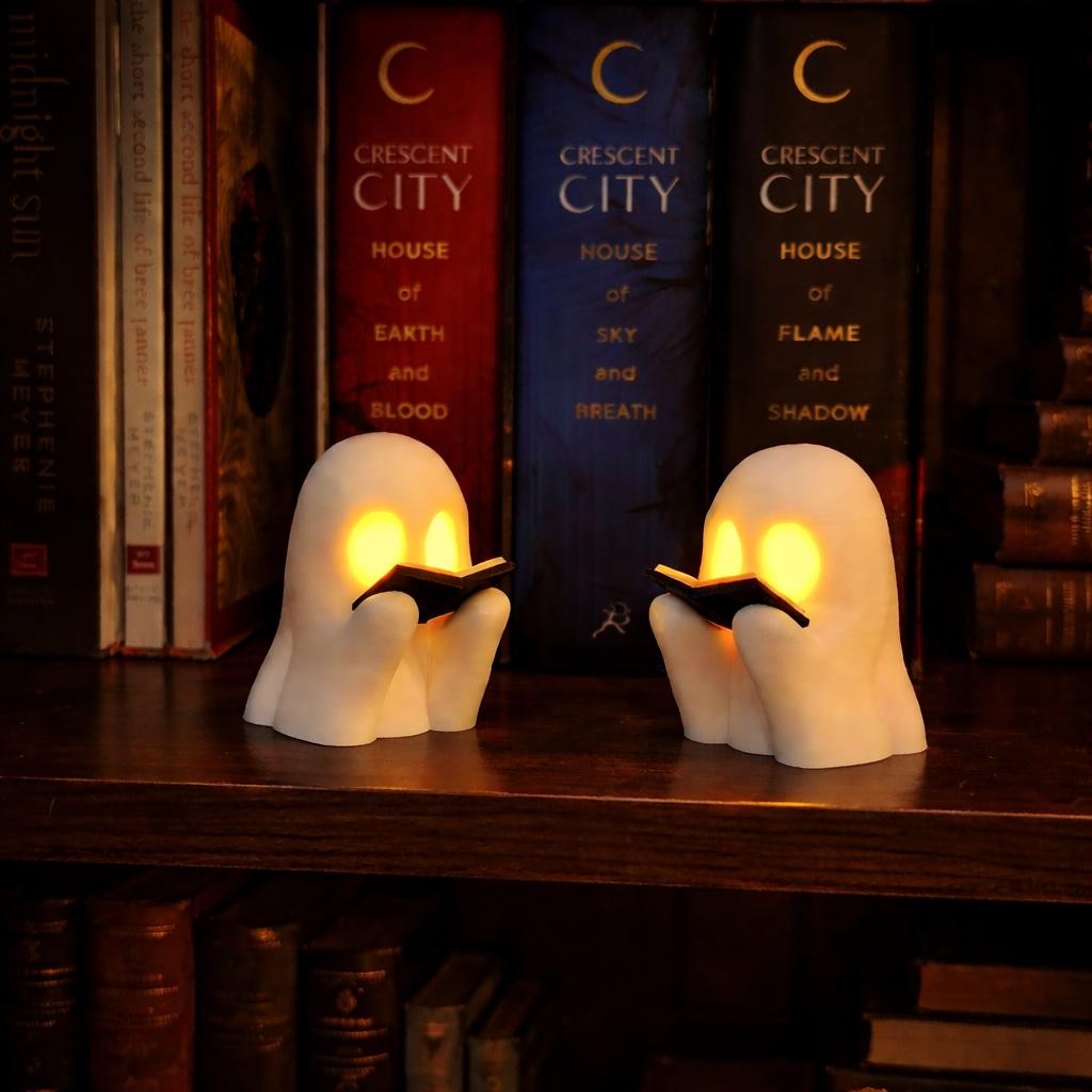 Ghost Tealight Holder, Reading Ghost Lamp, Cozy Halloween Decor, Book Lover Gift