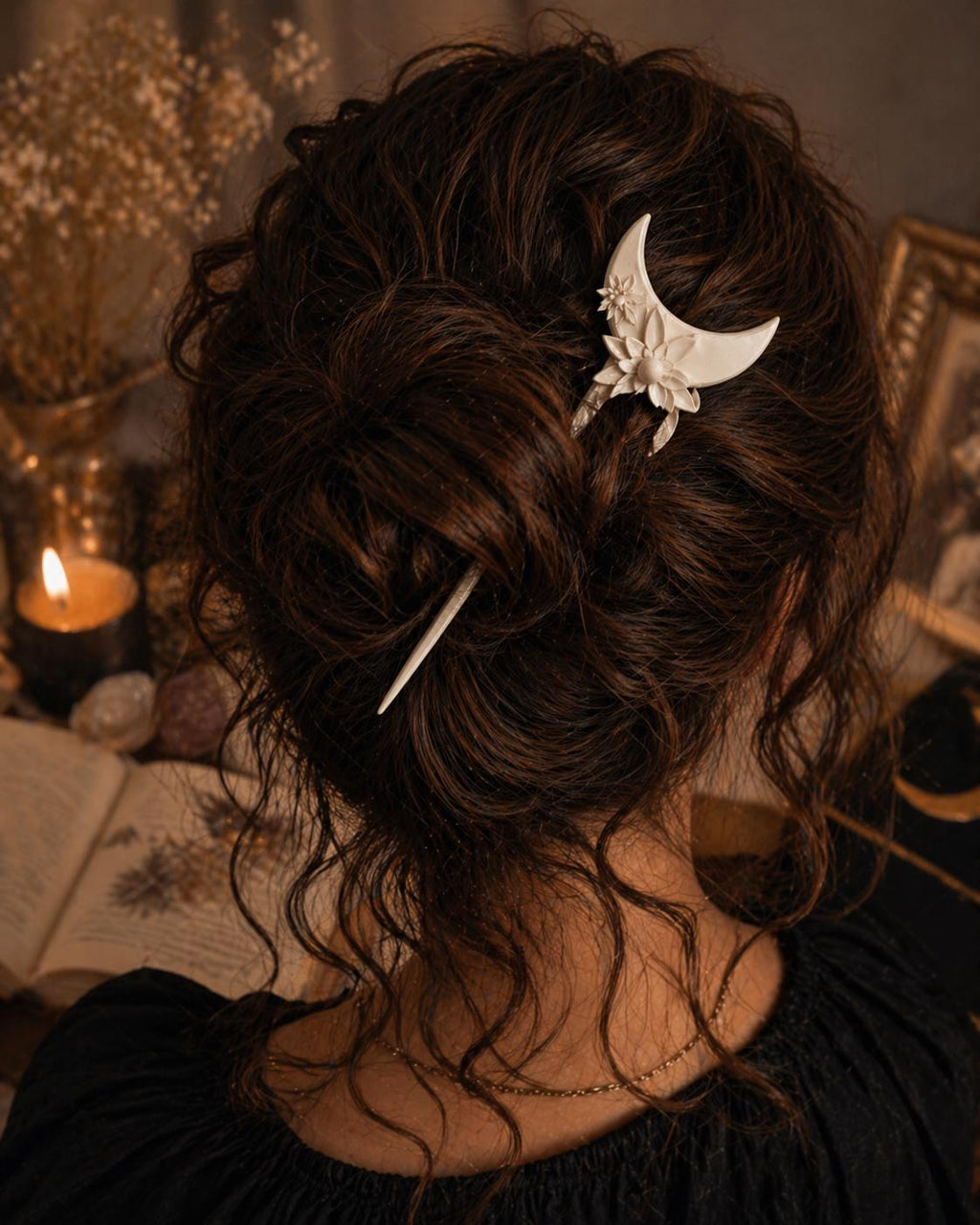 Floral Crescent Moon Hair Pin, Boho Witchy Bun Holder