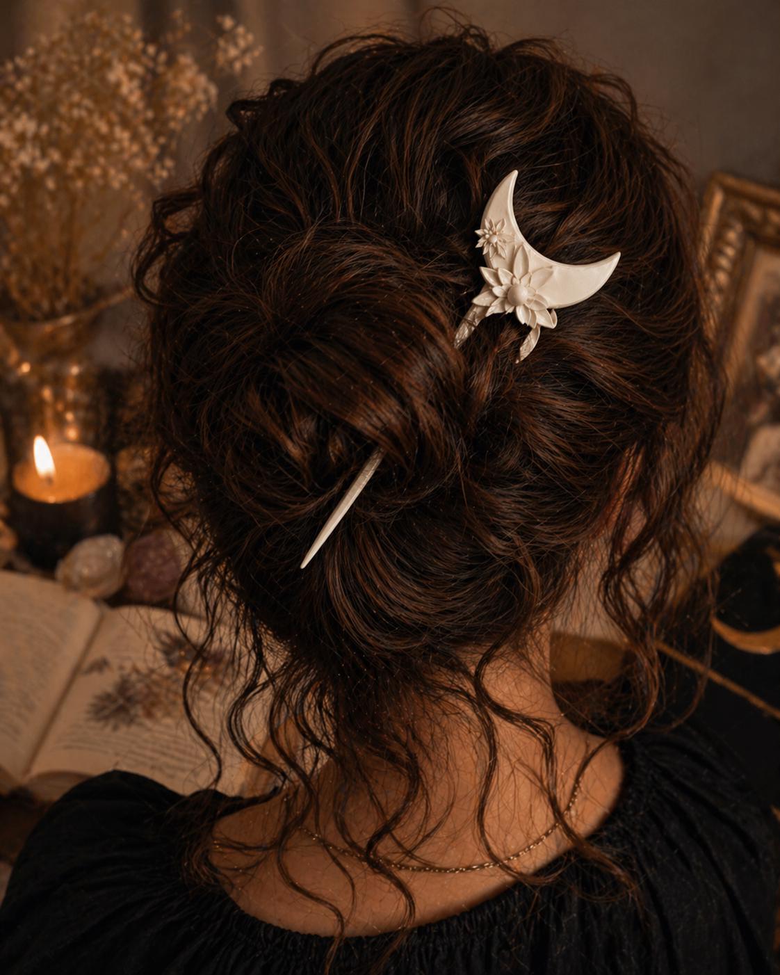 Floral Crescent Moon Hair Pin, Boho Witchy Bun Holder