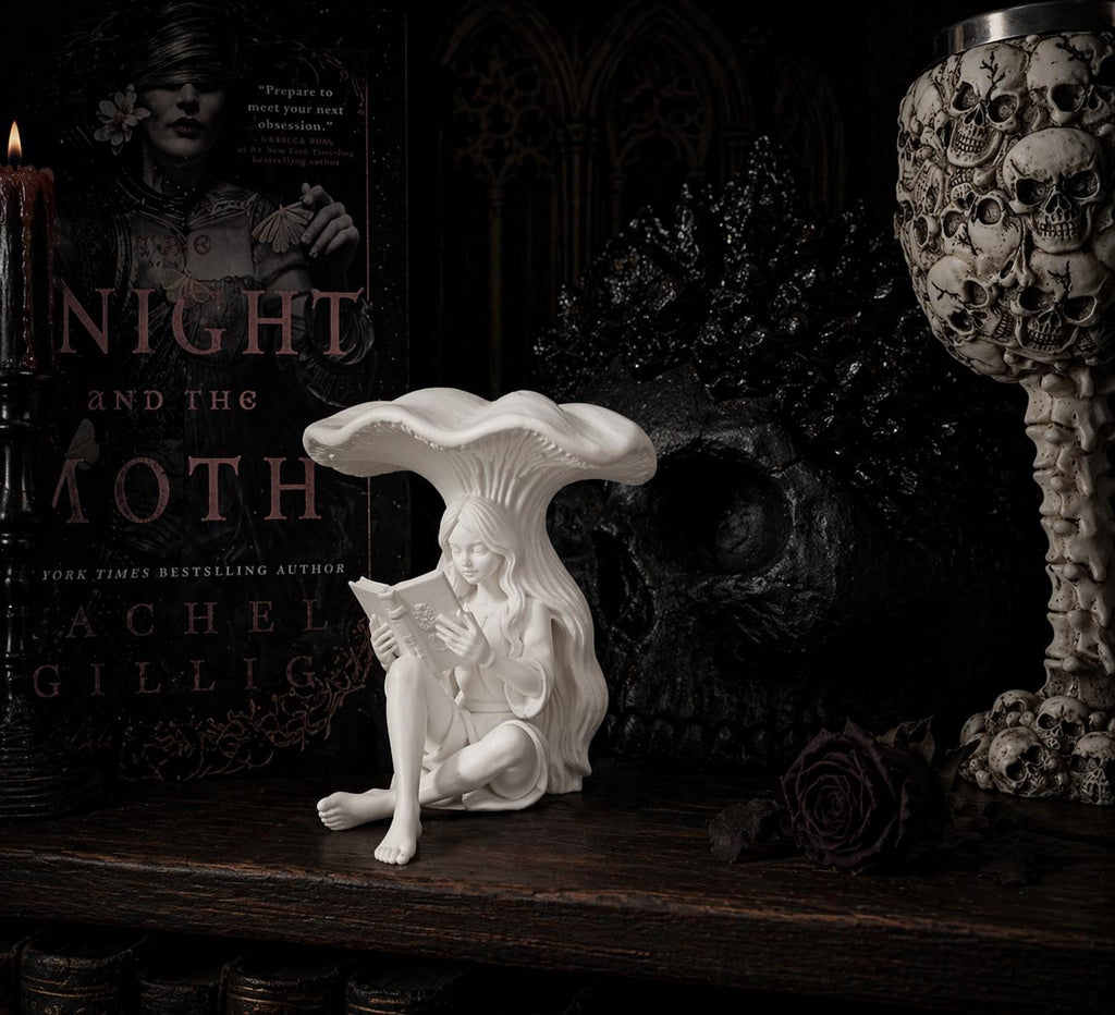 Fairy Reading Figurine, Mushroom Decor Statue, Gothic Book Nook