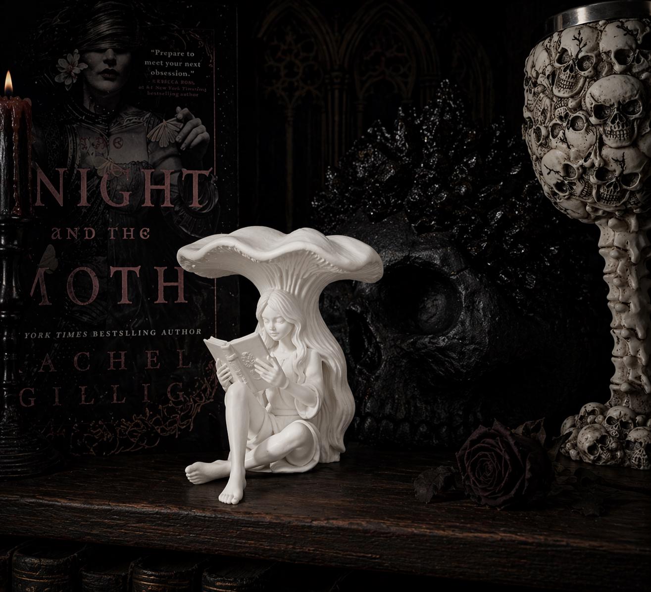 Fairy Reading Figurine, Mushroom Decor Statue, Gothic Book Nook