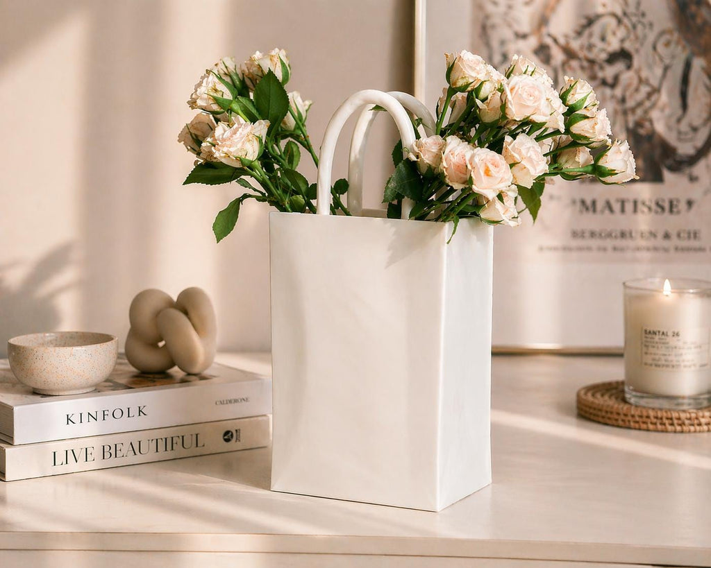 White Tote Bag Vase, Minimalist Ceramic Look, Modern Home Decor