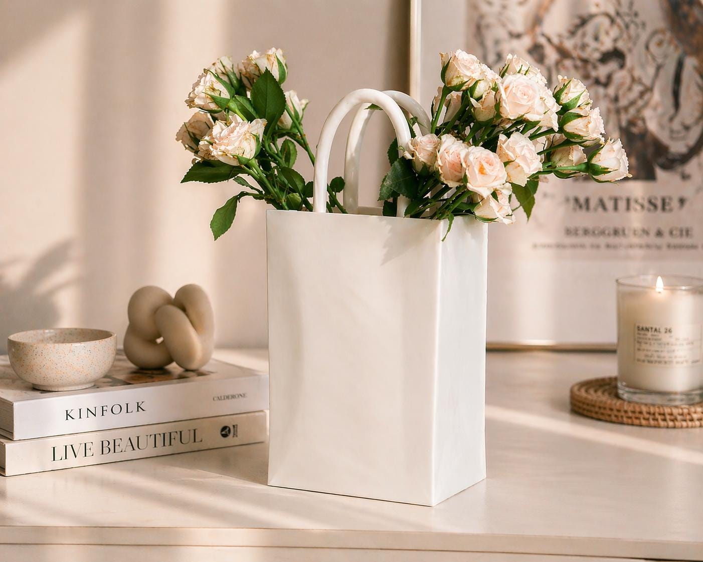 White Tote Bag Vase, Minimalist Ceramic Look, Modern Home Decor