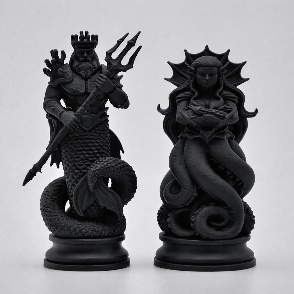 Ocean Mythology Chess Set  – Poseidon Inspired Fantasy Collector Pieces (Black/White), No Board Included — photo 5