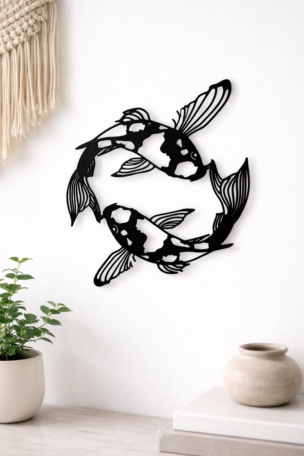 Koi Fish Yin Yang Metal Wall Art, Boho Minimalist Japanese Decor (Easy Install)