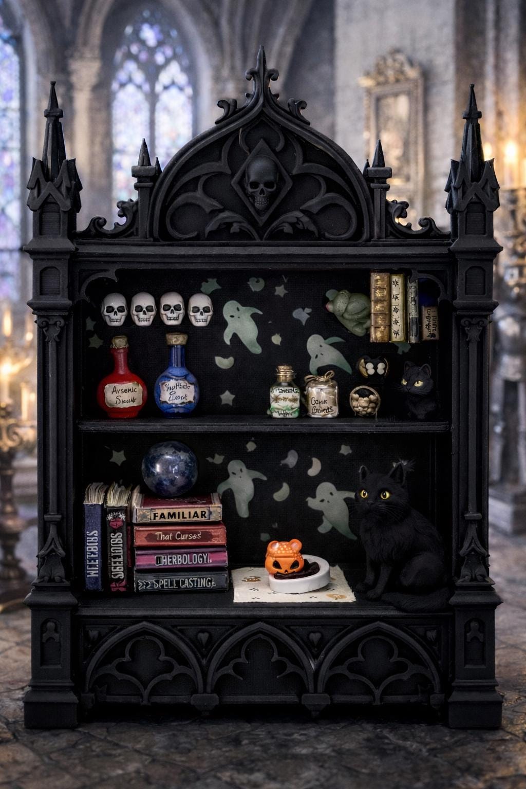 Gothic Book Nook Shelf Decor, Victorian Skull Altar Display, Dark Academia Witchy Home — photo 4