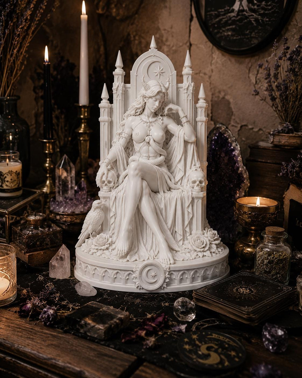 Lilith Statue on Throne – Gothic Goddess Altar Decor