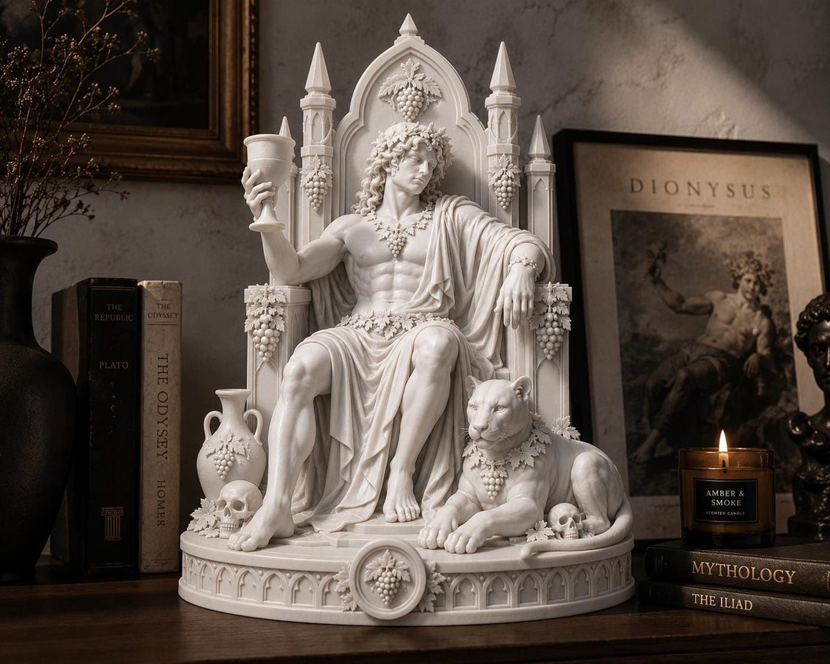 Dionysus Statue Gothic God Decor, White Mythology Shelf Decor, Panther Sculpture, Dark Academia Art