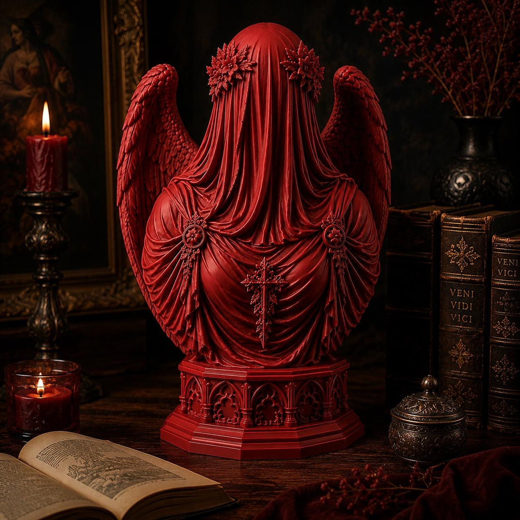 Veiled Angel Bust Sculpture, Red Gothic Decor, Dark Fantasy Art, Fallen Angel Statue — photo 2