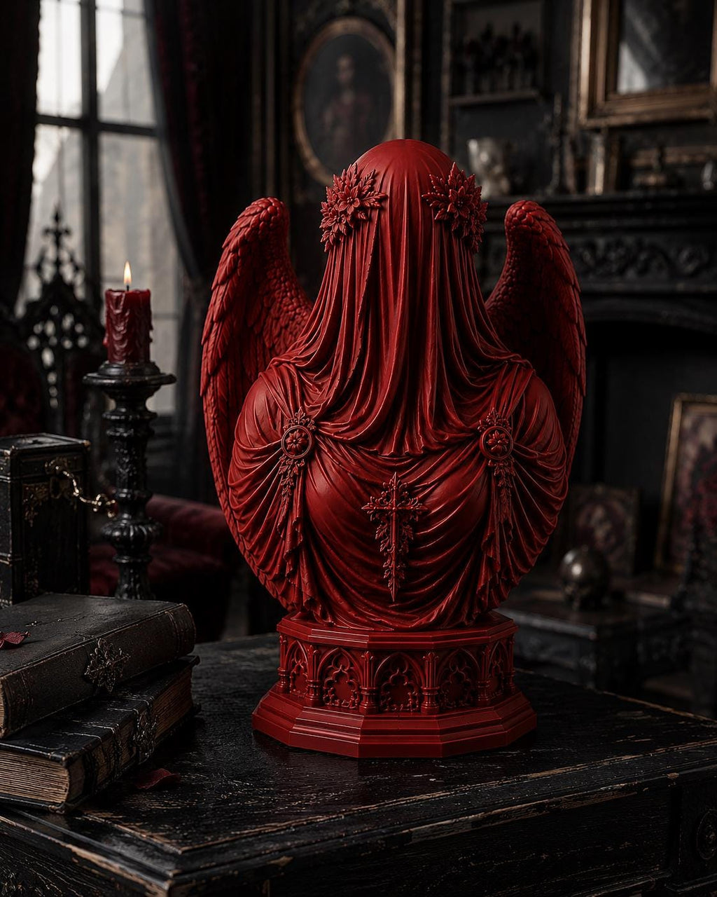 Veiled Angel Bust Sculpture, Red Gothic Decor, Dark Fantasy Art, Fallen Angel Statue