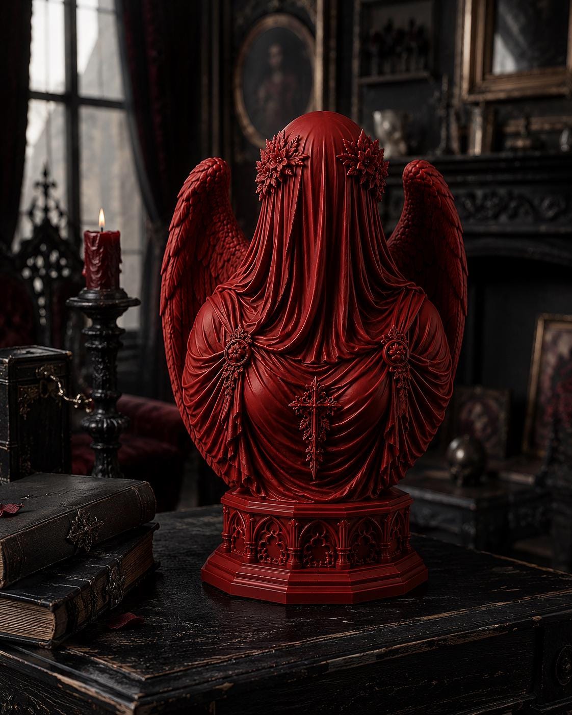 Veiled Angel Bust Sculpture, Red Gothic Decor, Dark Fantasy Art, Fallen Angel Statue