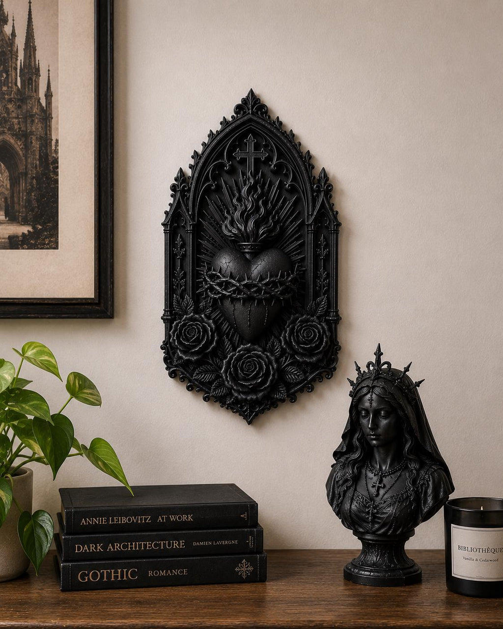 Gothic Sacred Heart Wall Plaque, Ornate Cathedral Frame, Dark Romantic Decor
