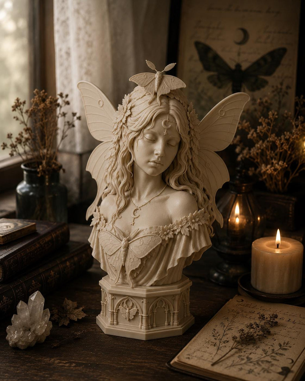 Luna Moth Fairy Bust, Gothic Fantasy Sculpture, Witchy Woodland Decor