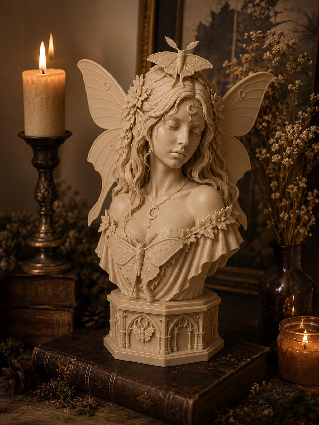Luna Moth Fairy Bust, Gothic Fantasy Sculpture, Witchy Woodland Decor — photo 2