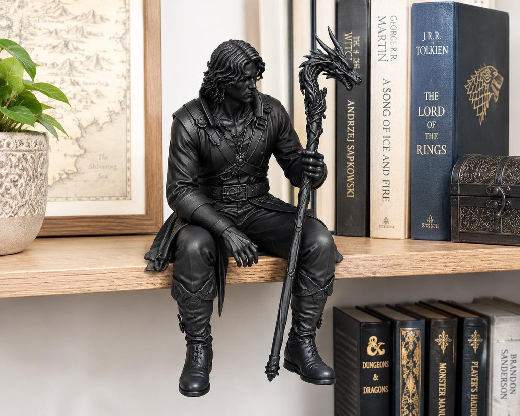Dragon Keeper Shelf Sitter Figurine, Fantasy Dragon Staff Statue, DnD Inspired Bookshelf Decor — photo 2