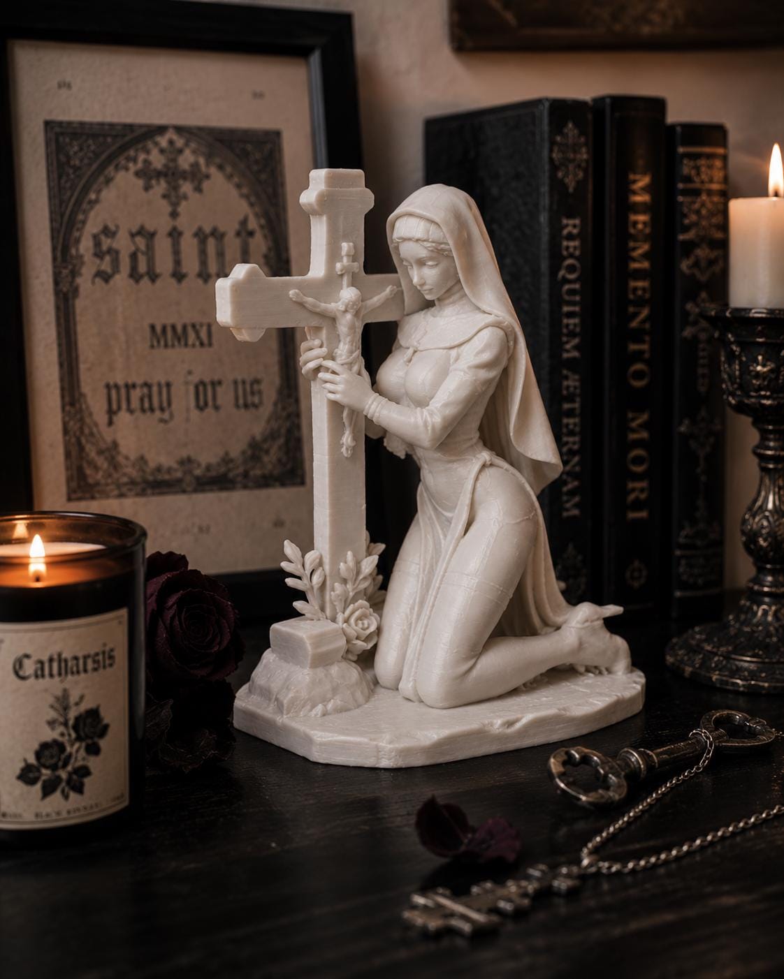 Gothic Nun Statue Holding Cross, Dark Religious Decor, Prayer Figurine — photo 2