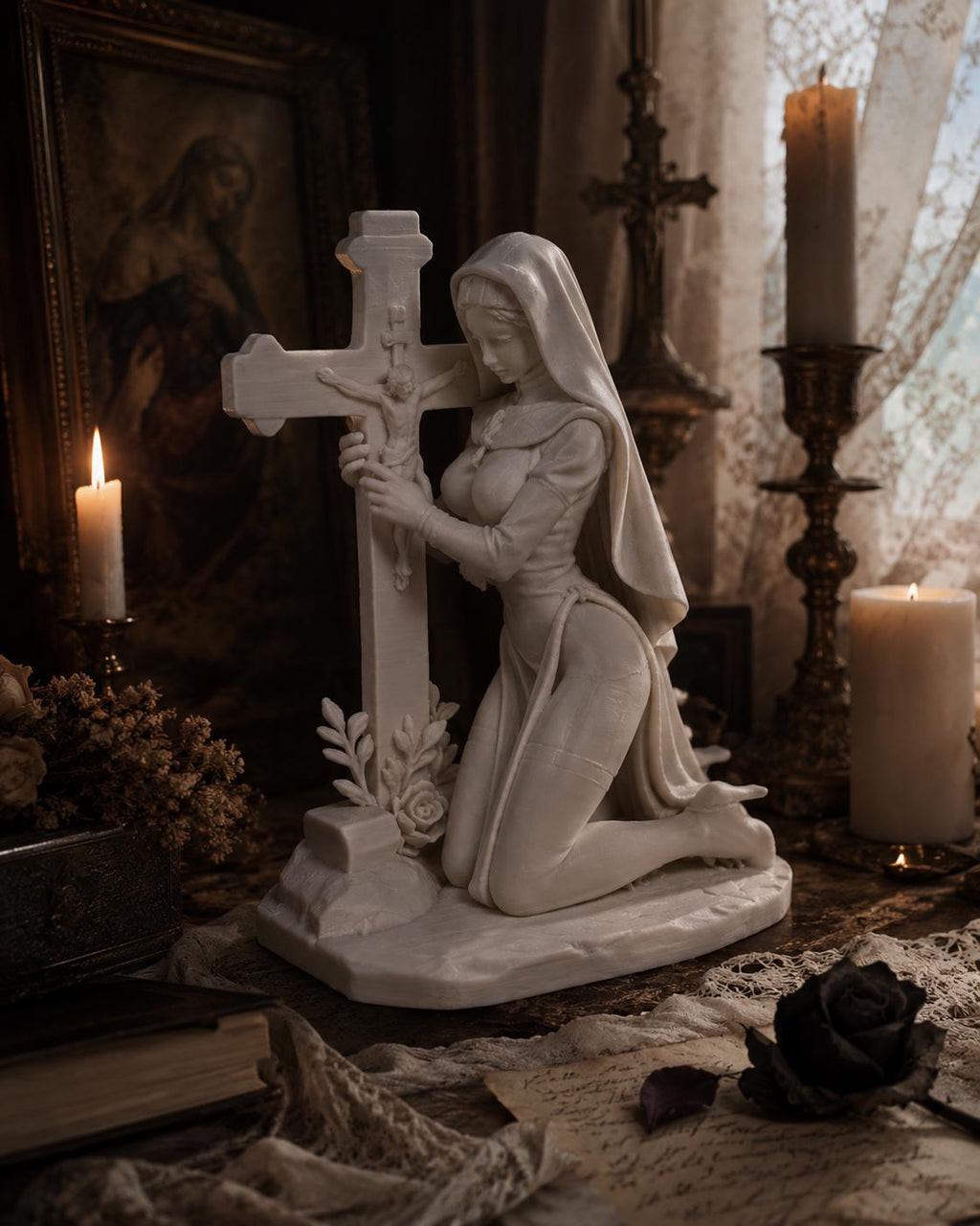 Gothic Nun Statue Holding Cross, Dark Religious Decor, Prayer Figurine