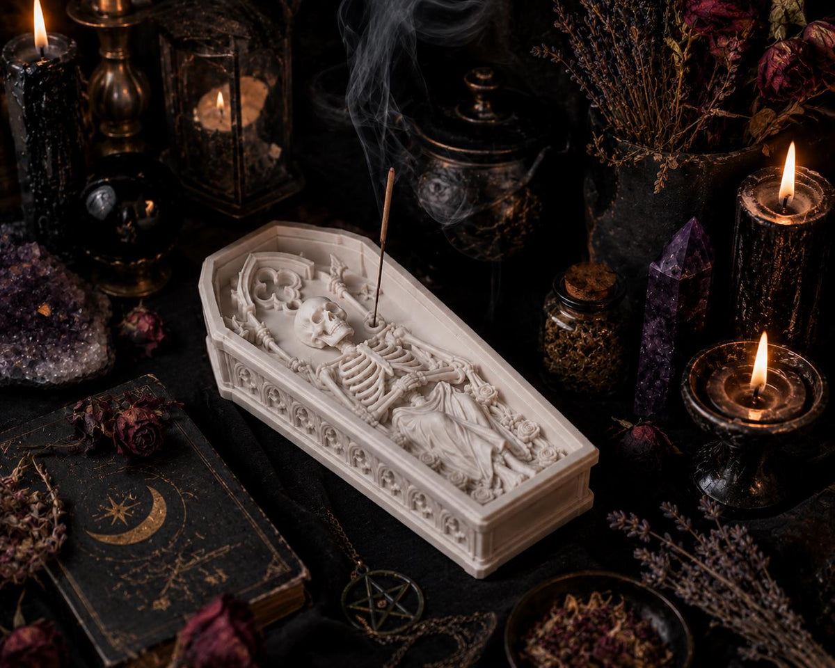 Halloween Skeleton Coffin Incense Holder, Gothic Spooky Altar Decor — photo 3