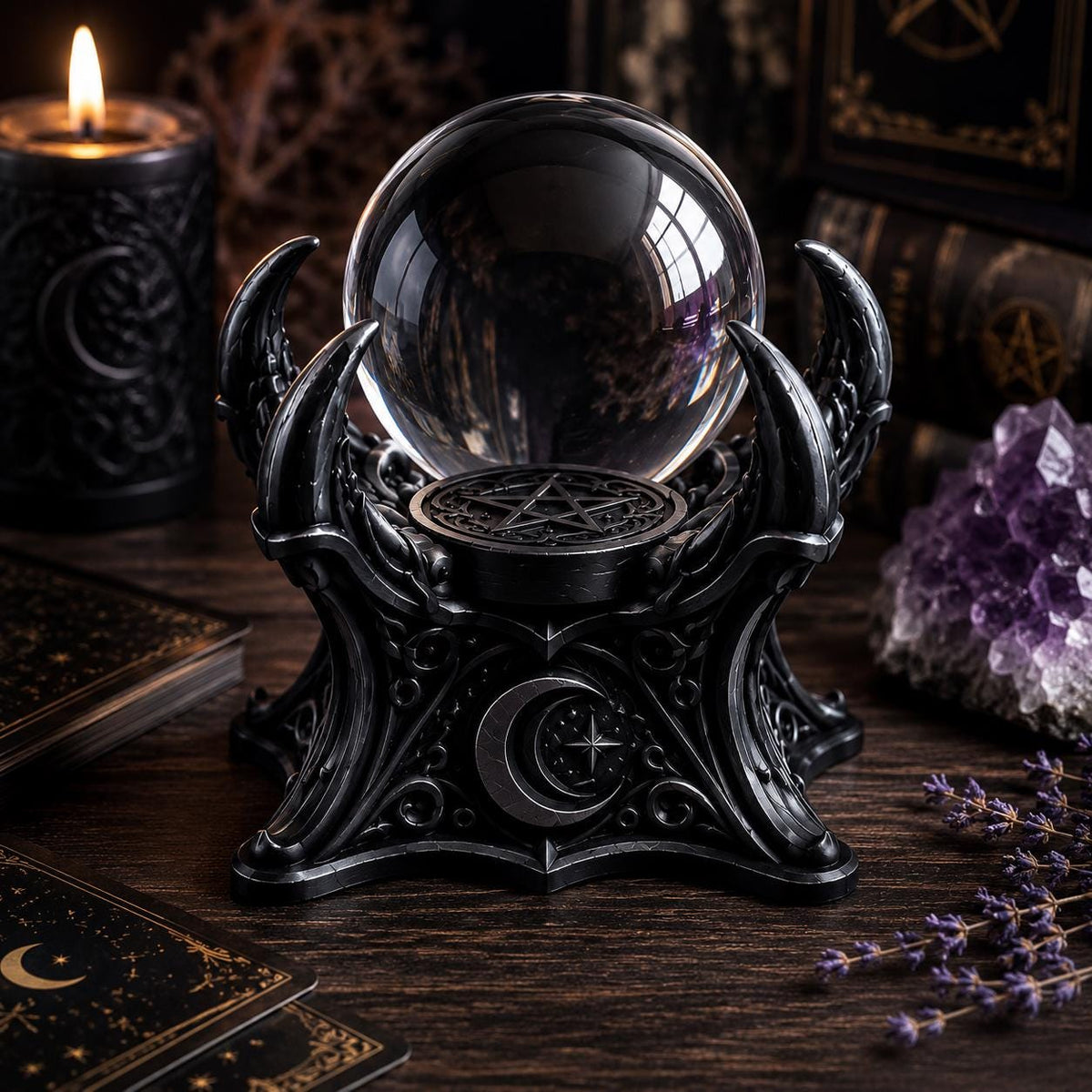 Gothic Crystal Ball Stand, Black Moon Phase Sphere Holder, Witchy Altar Decor — photo 4