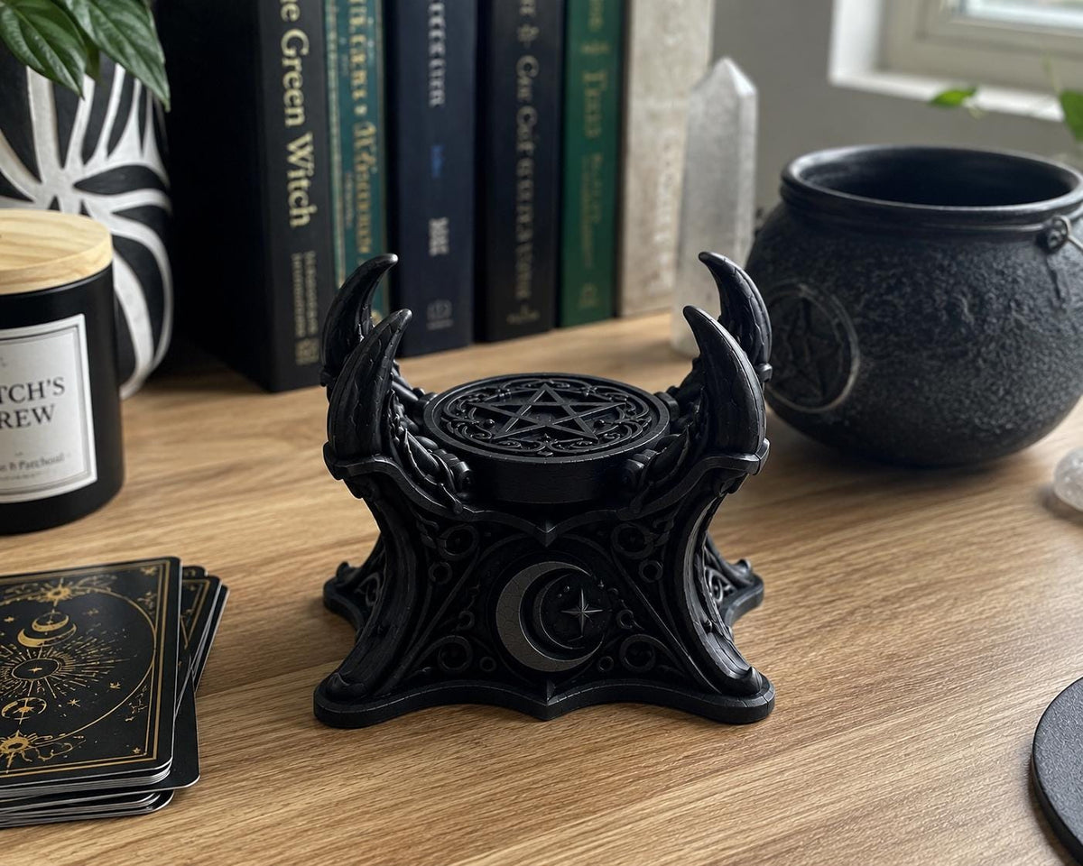 Gothic Crystal Ball Stand, Black Moon Phase Sphere Holder, Witchy Altar Decor — photo 2