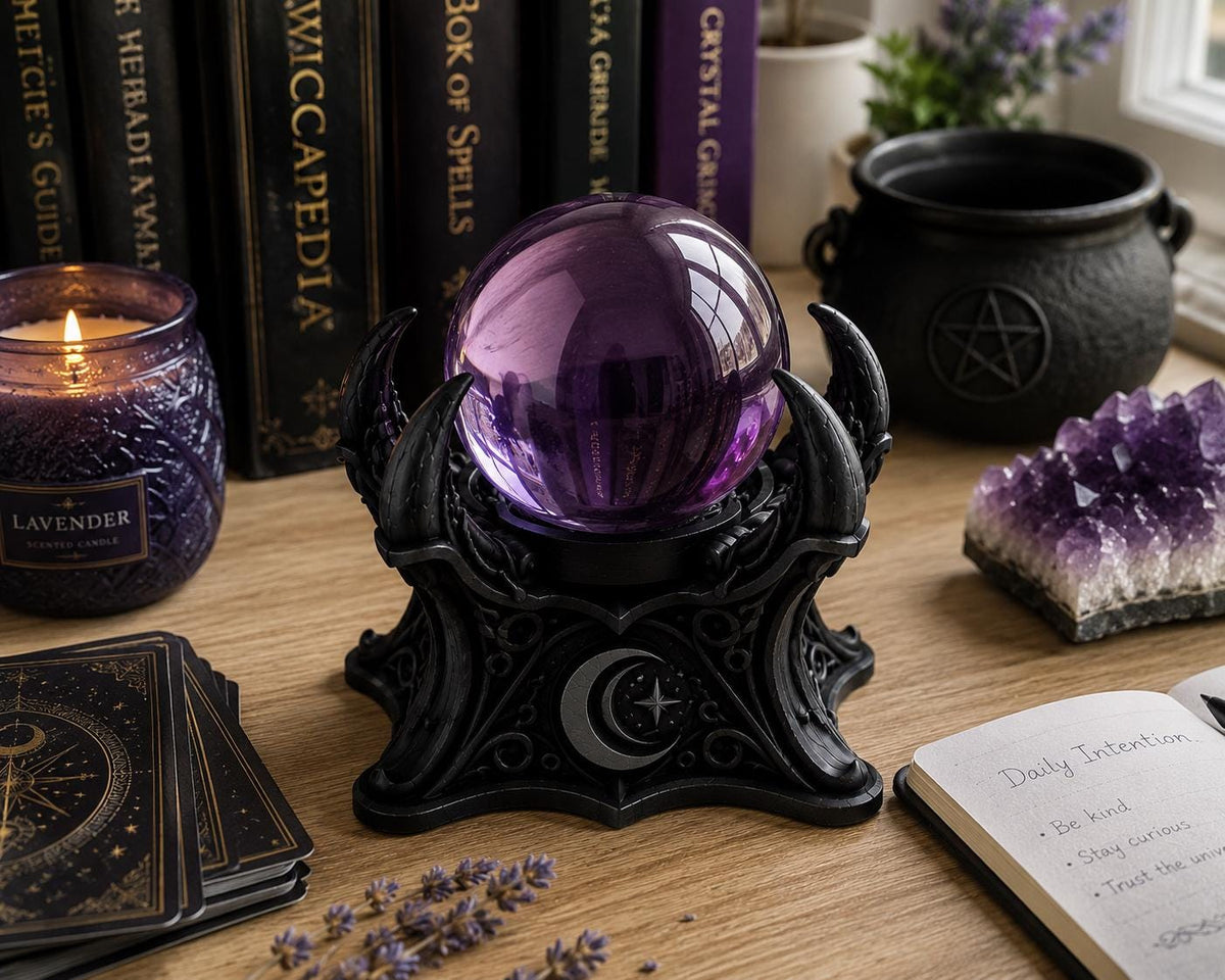Gothic Crystal Ball Stand, Black Moon Phase Sphere Holder, Witchy Altar Decor
