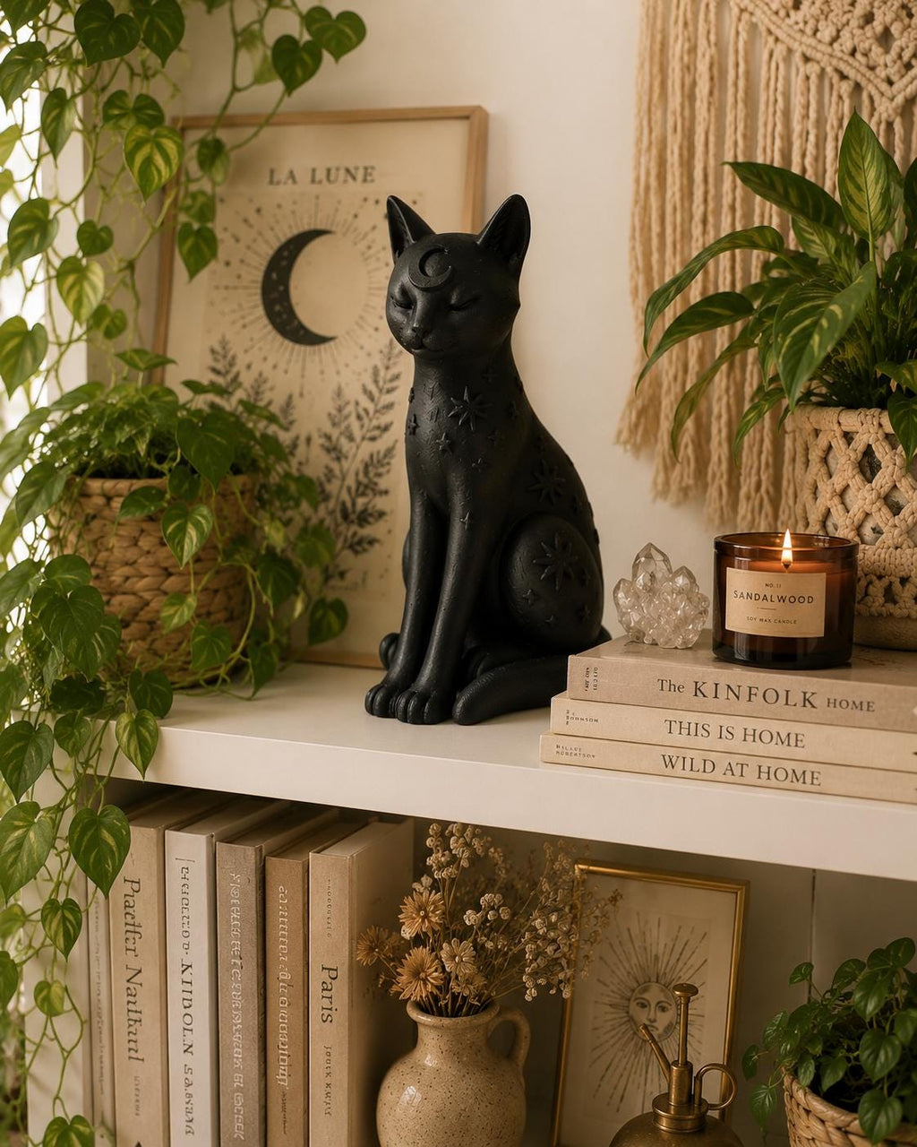 Celestial Black Cat Statue, Moon Star Figurine, Witchy Shelf Decor