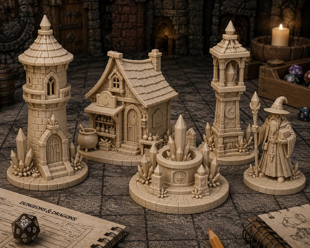 Wizard Village Terrain Set | Fantasy RPG Miniature Scenery, 32mm Scale