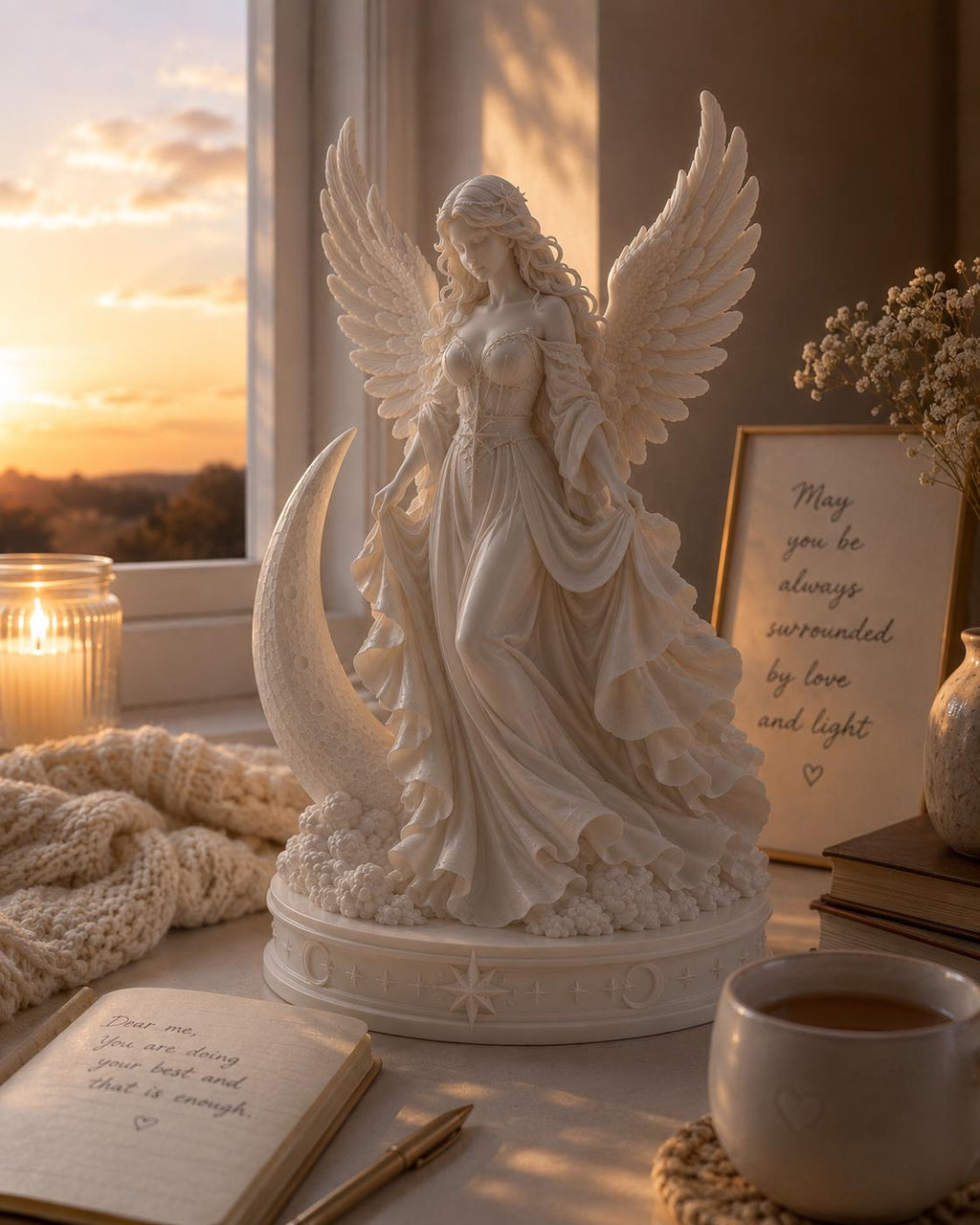Celestial Angel Statue with Crescent Moon, Guardian Angel Decor, Spiritual Figurine — photo 3