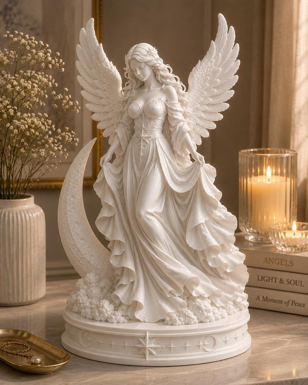 Celestial Angel Statue with Crescent Moon, Guardian Angel Decor, Spiritual Figurine