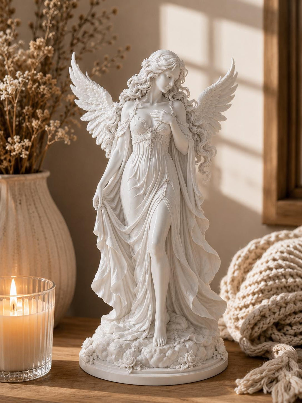Celestial Angel Statue, Angel Figurine Decor, Moon Accent, Memorial Sympathy Gift