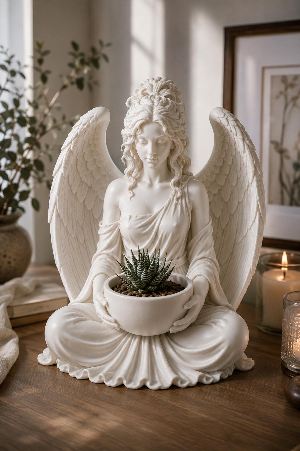 Meditating Angel Planter Statue, White Sculpture, Succulent Air Plant Holder