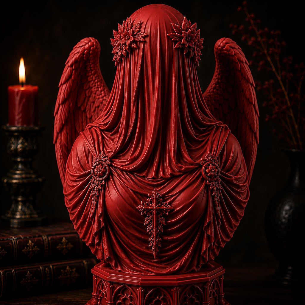 Veiled Angel Bust Sculpture, Red Gothic Decor, Dark Fantasy Art, Fallen Angel Statue — photo 4