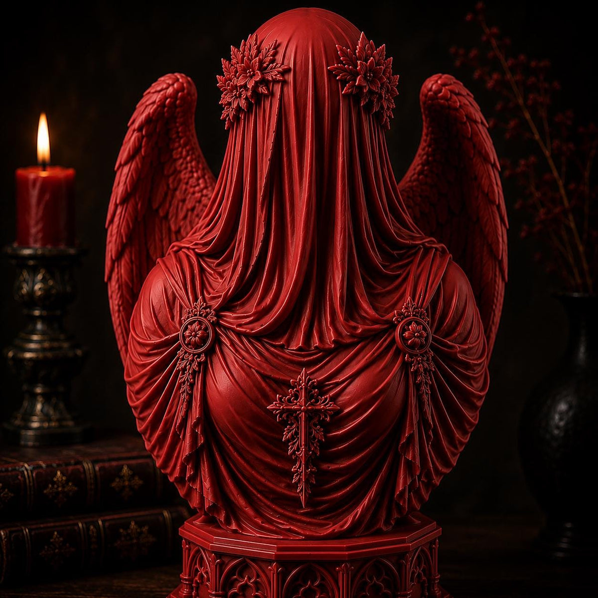Veiled Angel Bust Sculpture, Red Gothic Decor, Dark Fantasy Art, Fallen Angel Statue — photo 4