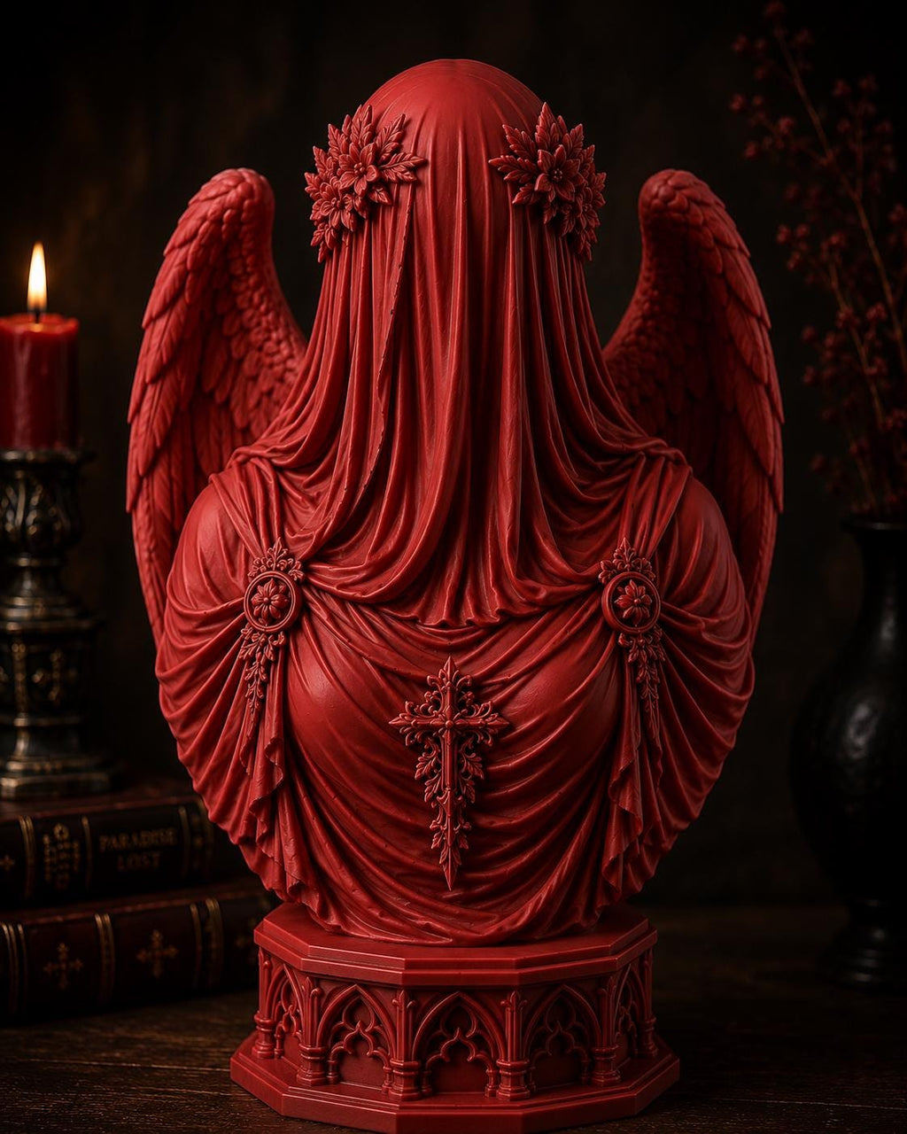 Veiled Angel Bust Sculpture, Red Gothic Decor, Dark Fantasy Art, Fallen Angel Statue — photo 3