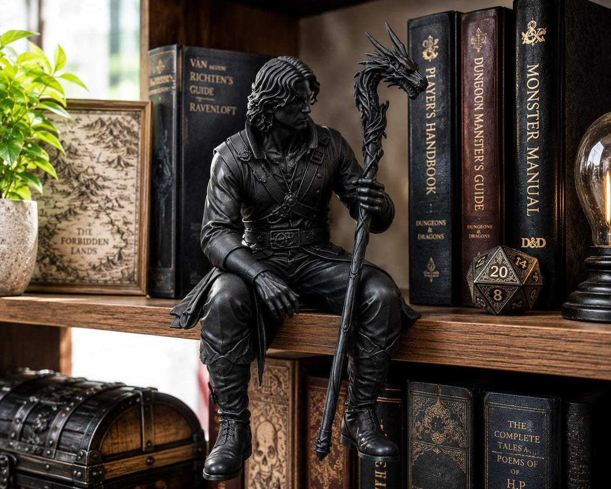 Dragon Keeper Shelf Sitter Figurine, Fantasy Dragon Staff Statue, DnD Inspired Bookshelf Decor