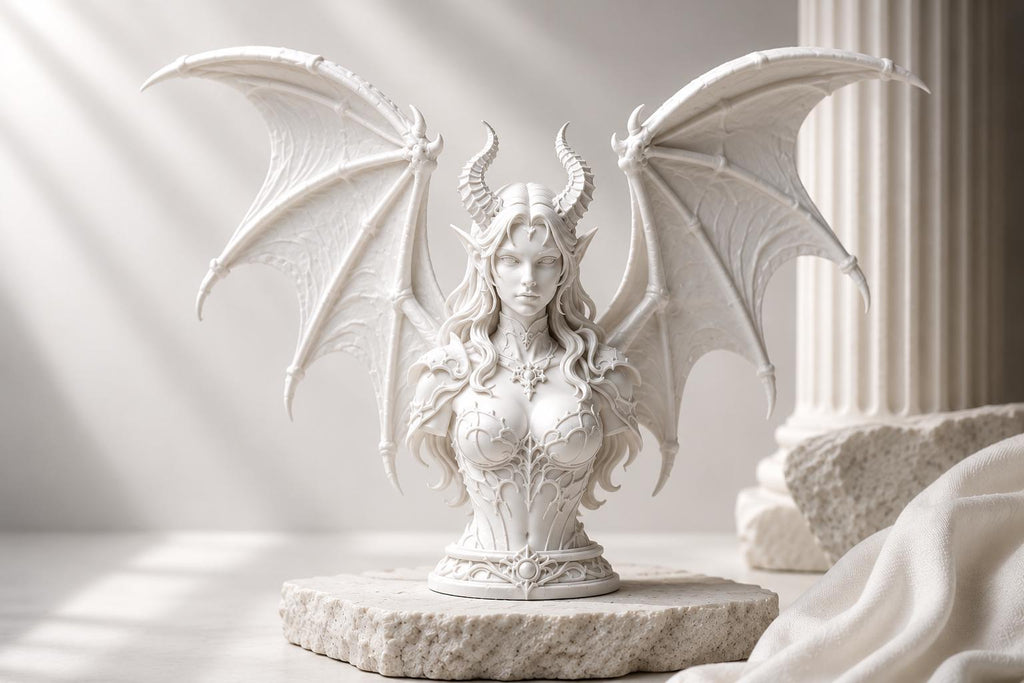 Demon Queen Bust, Gothic Fantasy Sculpture, Dragon Wing Statue, Dark Home Decor — photo 2